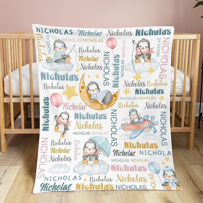 Personalized Baby Blanket for Girls Boys Penguin Custom Baby Blankets with Name Dotted Backing Customized Gifts for New Mom Customize Baby Blanket for Kids Newborn Birthday