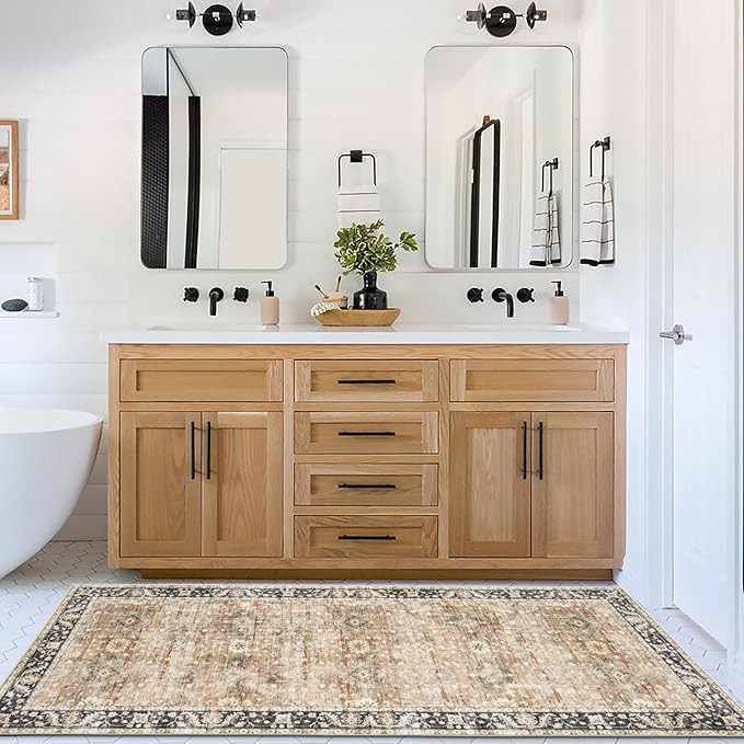 ReaLife Rugs Machine Washable Area Rug - Living Room Bedroom Bathroom Kitchen Entryway Office - Padded Low Pile Stain Resistant Premium - Boho Farmhouse Vintage - BEV - Beige Tan Brown 2'6" x 10'