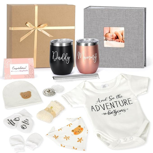New Mom Gifts,Gender Reveal Gift,Pregnancy Gift for Expecting Mom,Pregnancy Announcement Baby Shower Gifts Basket with Baby Photo Albums,Tumbler for New Parents, First Time Mom,Gender Reveal