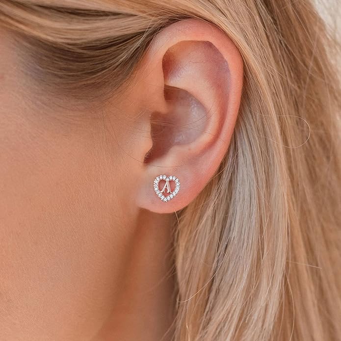 Initial Heart Earrings for Girls, Sterling Silver Post Silver/Rose Gold Heart Initial Stud Earrings for Little Girls Kids Baby Earrings Non Tarnish Hypoallergenic Earrings for Teen Girls Gifts Jewelry