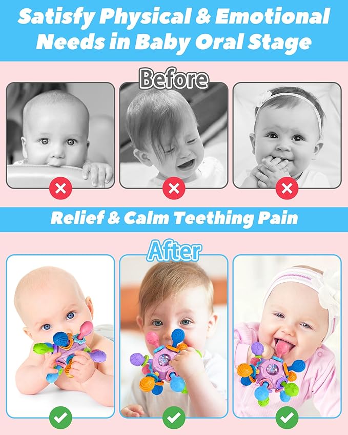 Baby Teething Toys Teethers for Babies Infant Baby Girl Toys Gifts, Newborn Rattles Chew Toys Sensory Learning Montessori Toys for Babies - Purple