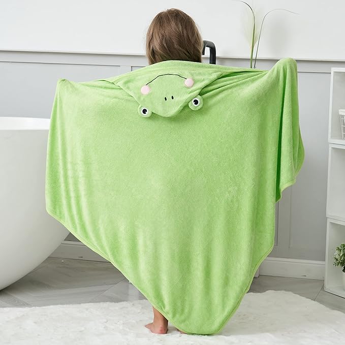 HIPHOP PANDA Hooded Towel - Rayon Made from Bamboo, Bath Towel with Bear Ears for Newborn, Babie, Toddler, Infant - Absorbent Large Baby Towel - Frog, 30 x 40 Inch