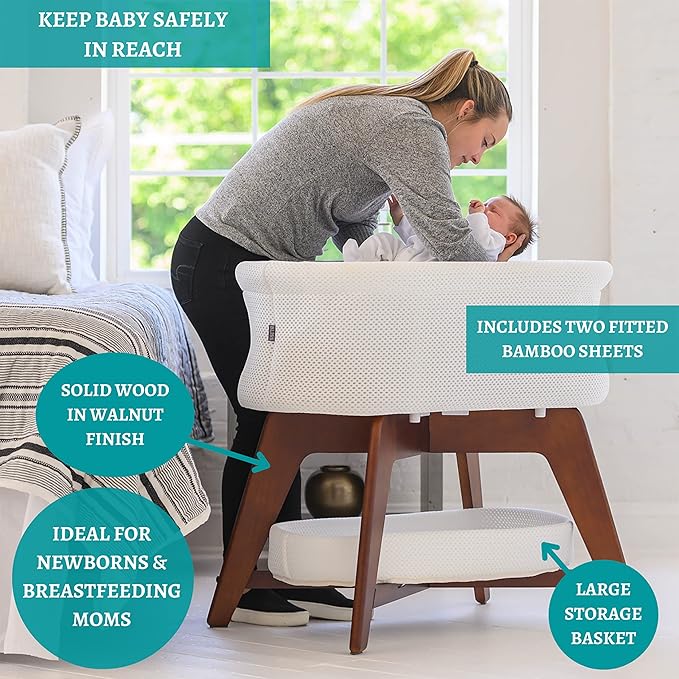 Evi Smart Baby Bassinet Beside Sleeper with Auto-Glide, Ambient Nightlight & Sensory Sounds, Compatible with Alexa and Google Home, Includes 2 Sheets (Soft White W/Natural Legs)
