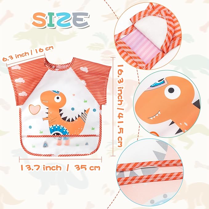 R HORSE 5Pcs Short Sleeved Bib for Baby Toddlers Waterproof Sleeved Bib with Pocket Animal Infants Feeding Bib for 0-36 Month