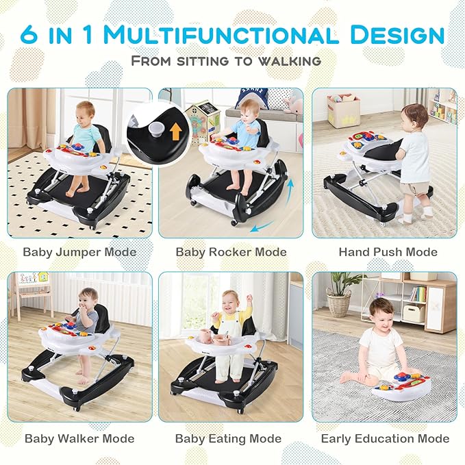 BABY JOY 6-in-1 Baby Walker, Foldable Baby Walker with Wheels, Adjustable Height, Music, Lights, Bouncer & Rocker Mode, Baby Walkers for Boys Girls 6-14 Months (Black)
