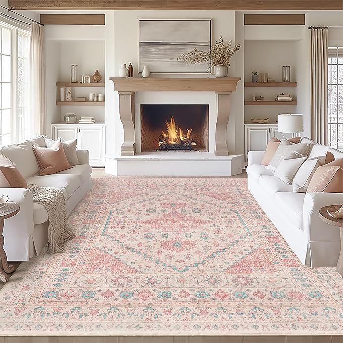 zesthome 10x14 Area Rugs - Large Pink Rugs for Bedroom Girls, Stain Resistant Washable Rugs, Vintage Low Pile Rug, Nursery Room Rug, Pink Room Decor (Pink/Blue,10'x14')