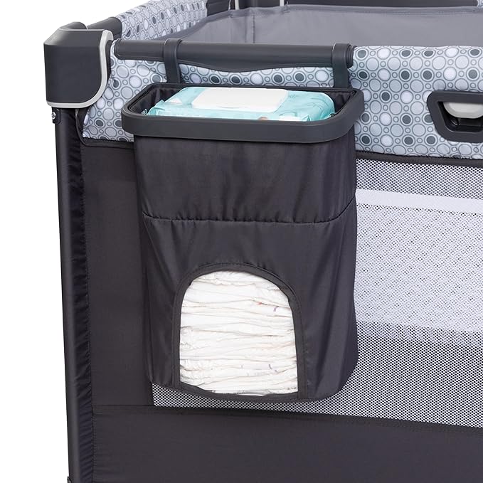 Baby Trend Nursery Den Playard with with Rocking Cradle, Snooze Pod, Flip Over Changer, Pebble Stone Grey