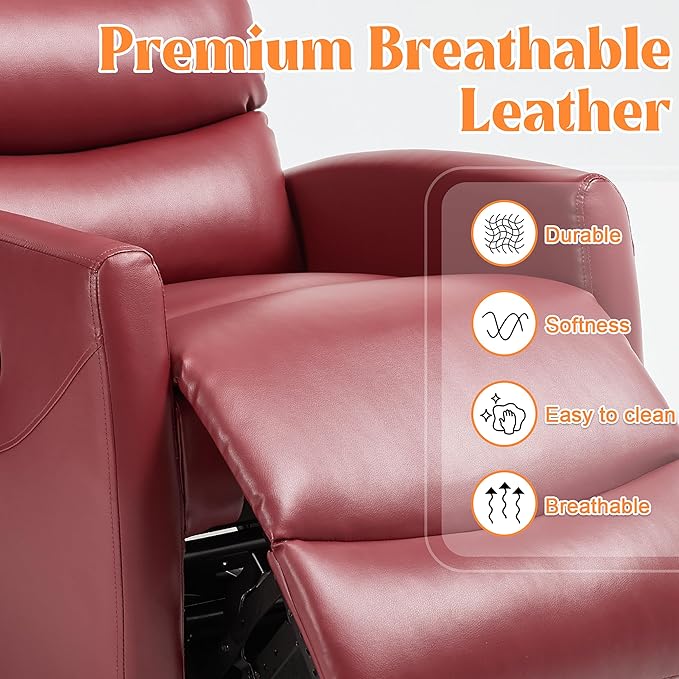 Manual Swivel Rocker Recliner Chair with Massage, Overstuffed Recliner Glider with Vibration Massage and Heat for Nursery, Living Room Reclining Sofa Chair, PU Leather Red