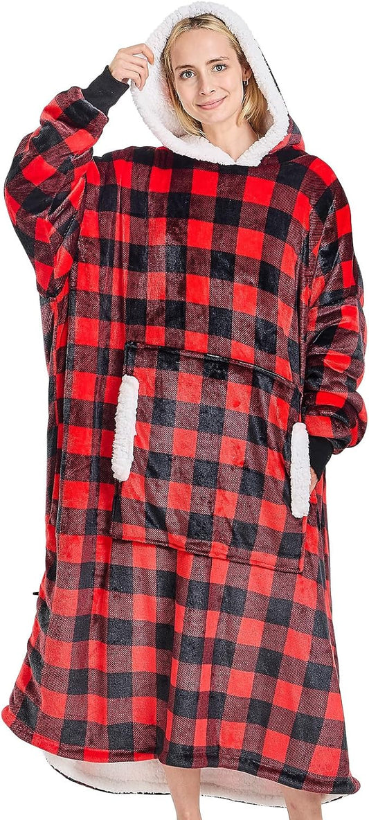 yescool Wearable Blanket Hoodie, Flannel Sherpa Fleece Blanket Sweatshirt for Adults Women Men, Big Plush Cozy Hooded Blanket with Hood, Pocket & Sleeves, Large, One Size Fits All (Red Checkered)