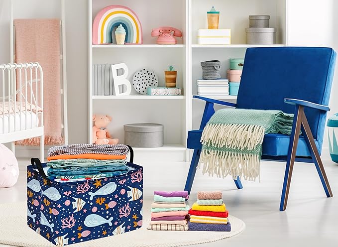 Rectangle Gift Storage Basket Shelf Storage Basket Organizer Box Clothes Laundry Hamper Nursery Laundry Basket with Handles(Whale)