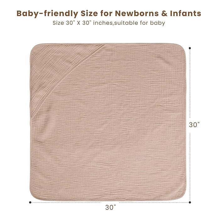 Konssy 2-Pack Muslin Hooded Baby Towels, 100% Cotton, Ultra-Soft & Absorbent Baby Bath Towels with Hood for Newborn & Infant (Cream, Camel,30" x 30")