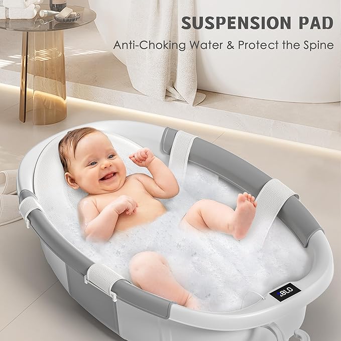 Collapsible Baby Bathtub for Newborn to Toddler 0-36 Months,Extra Large Foldable Infant Bath Tub with Thermometer,Cushion & Drain Hole,Portable Travel Tub, Baby Shower Gift Grey