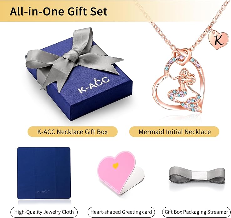 K-Acc 14K Gold-Plated Mermaid Initial Heart Necklace - Gifts for Girls