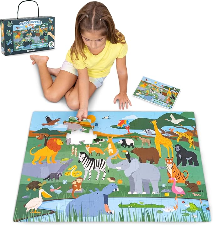 Giant Floor Puzzles for Kids 48 Pieces - BONNYCO | Jungle Animals Jumbo Floor Puzzle | Safari Large Piece Jigsaw Ages 2 3 4 5 6 7 8 | Educational Kids Toys, Gifts for Boys and Girls Birthday Christmas