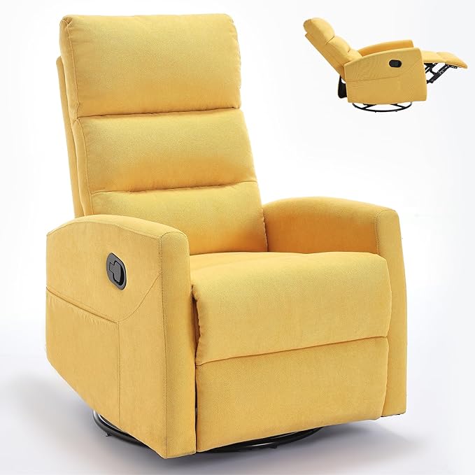 360° Swivel Rocking Chair for Nursery, Manual Glider Chair Nursing Chair with Side Pockets, Polyester Glider for Living Room, Heavy Duty Motion Mechanism, Yellow