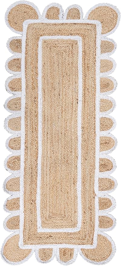 Shiv Shakti Exports Scalloped Natural Jute Area Rug, Natural Base Off White Trim (2x6 Feet)