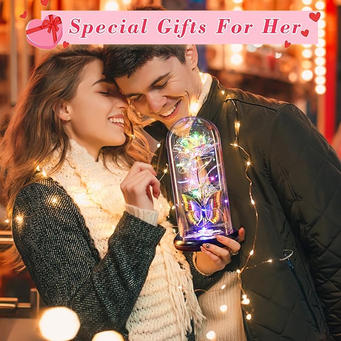 DEEMEI Birthday Gifts for Women Colorful Rose Eternal Flower Light Up Rose in Glass Dome with Butterfly, Flowers for Delivery Prime Mom Gift from Daughter Anniversary Wife Girlfriend Grandma Gift