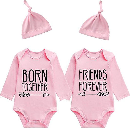 YSCULBUTOL Baby Twins Bodysuits Best Friends Forever Baby Clothes Set with Bibs Girl Outfit with hat