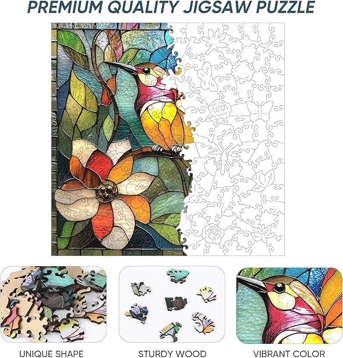 Wooden Puzzles for Adults, Hummingbird Flower Jigsaw Puzzles, Unique Shape Adult Puzzles, Irregular Christmas Thanksgiving Gifts for Family Friend(11.1 * 11.2 in-200pcs)