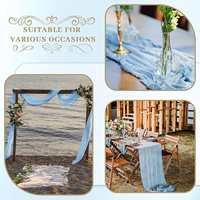 Le courant 12pcs 10Ft Cheesecloth Table Runner, Rustic Boho Gauze Cheese Cloth Runner Table Runner for Weddings Bridal Baby Shower Birthday Holiday Parties Home Decor, Baby Blue