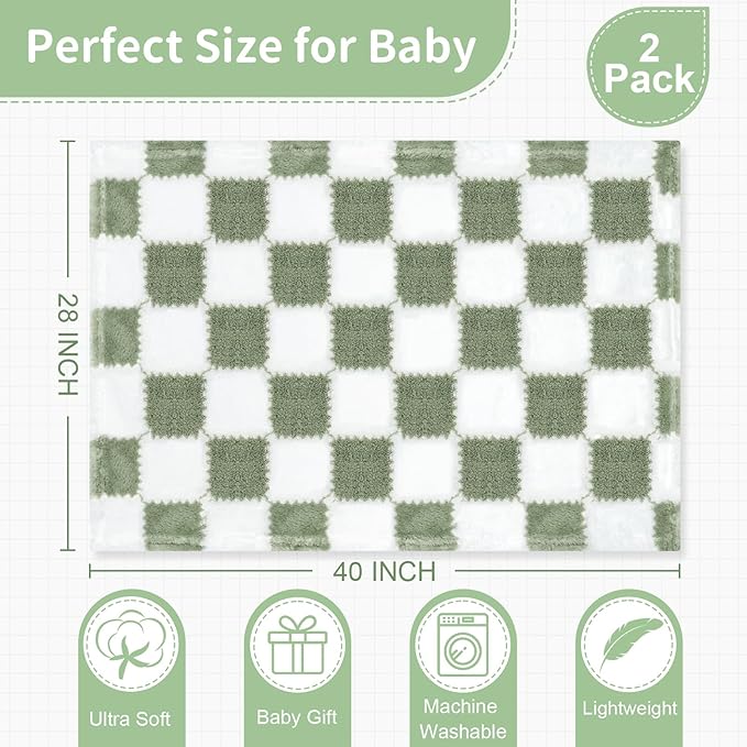 Checkered Baby Blanket for Boys Girls, 2 Pack Soft Baby Boy Girl Blankets, Small 28 x 40 inches Toddler Fleece Blanket, Essentials Crib Stroller Items, Newborn Gift (Green)