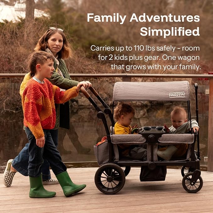 HARPPA All-Terrain Wagon Stroller for 2 Kids, Foldable Outdoor & Beach Stroller Wagon with Removable Canopy, Adjustable Push & Pull Handle, Footwell & Large Storage, Grey