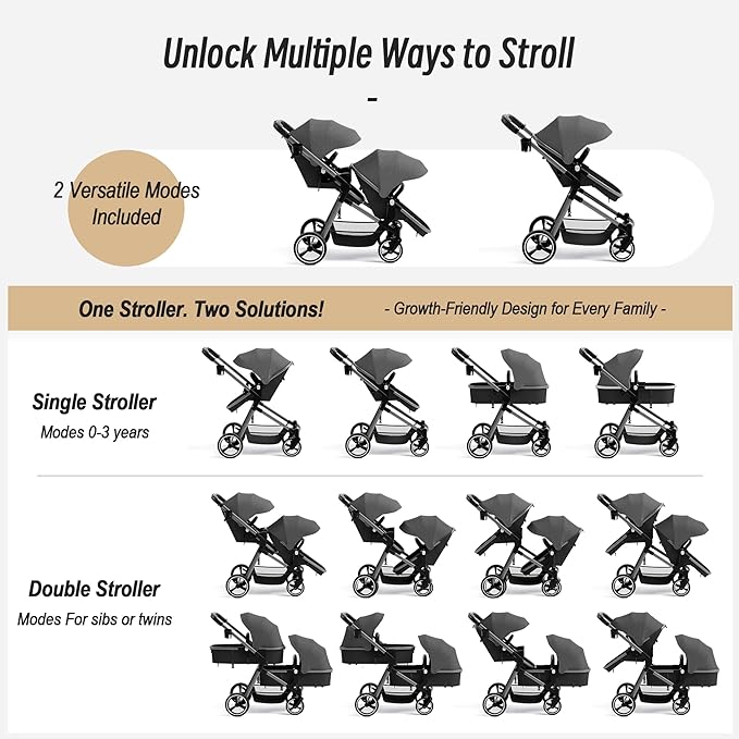 Double Stroller for Twins and Toddlers, Lightweight Aluminum Foldable Twin Stroller with Adjustable Backrest, Reversible Seat, 5-Point Harness, Storage Basket, Grey