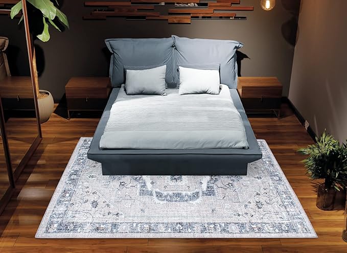 Bloom Rugs Washable Non-Slip 6' x 9' Rug - Pebble Gray/Blue Traditional Medallion Area Rug for Living Room, Bedroom, Dining Room, and Kitchen - Exact Size: 6' x 9'