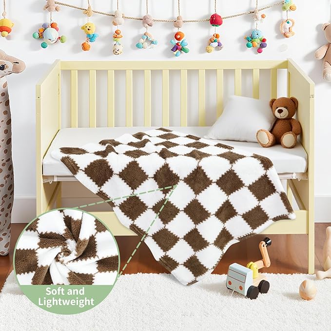 Checkered Baby Blanket for Boys Girls, 2 Pack Soft Baby Boy Girl Blankets, Small 28 x 40 inches Toddler Fleece Blanket, Essentials Crib Stroller Items, Newborn Gift (Coffee)