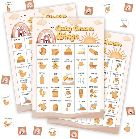 Baby Shower Bingo Game For Adults, Boho Sunshine Baby Shower Party Bingo Game Set, Boho Rainbow Baby Shower Bingo Cards, Sun Gender Reveal Bingo Favors, Baby Shower Large Group Game Decor Supplies -23