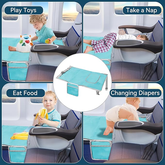 Toddler Airplane Bed & Travel Bag 2 in 1, Portable Airplane Seat Extender for Kids, Adjustable Footrest Baby Airplane Travel Essentials, Carry On Gym Weekender Bag for Mommy (Blue)