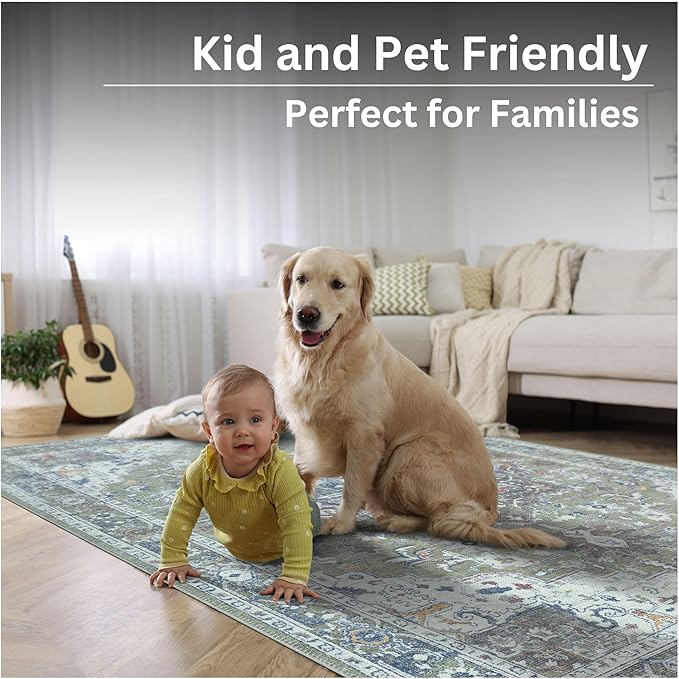 Bloom Rugs Washable Non-Slip 9' x 12' Rug - Green/Blue Traditional Medallion Area Rug for Living Room, Bedroom, Dining Room, and Kitchen - Exact Size: 9' x 12'