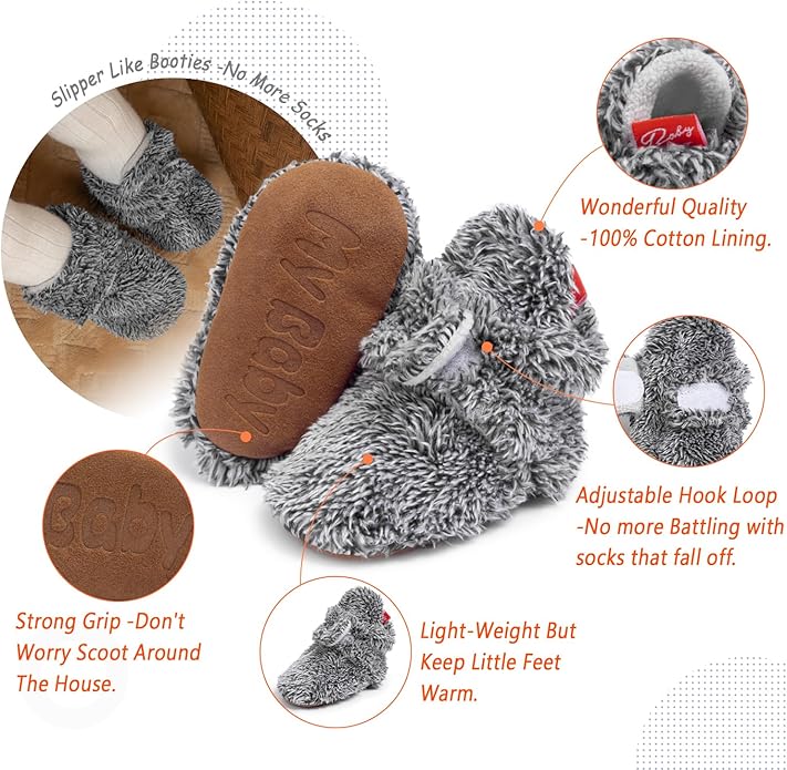Sawimlgy Newborn Infant Baby Girl Boy Cotton Booties Stay On Sock Slippers Soft Bedroom Shoes Non-Skid Ankle Boots With Grippers Toddler Crib Warm Shoe First Walker Birthday Shower