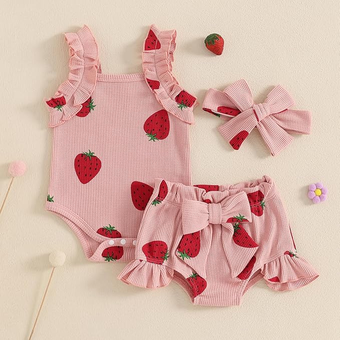 Kaipiclos Cherry Baby Outfit Newborn Infant Girl Clothes Rib Knit Romper & Shorts Waffled Baby Clothes for Girls 0 3 6 12 18M