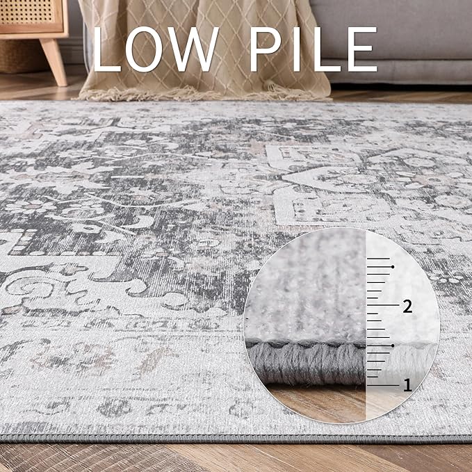 GENIMO Runner Rug 2x6, Machine Washable Non Slip Vintage Hallway Runner Rug, Low Pile Lightweiht Mat for Living Room, Entryway, Bedroom, Kitchen and Corridor, Gray