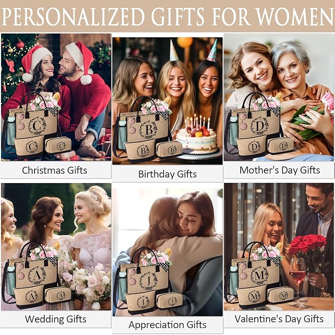 MAYICIVO Personalized Initial Jute Tote Bag & Makeup Bags Set, Large, Jute, Women's Gift for Birthday, Christmas, Mother's Day