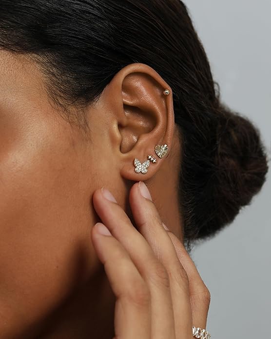 PAVOI 14K Gold Plated Dainty Flat Back Earrings for Women - Hypoallergenic Sterling Silver Posts Helix Cartilage Piercing Jewelry - Emoji Motif Bow Celestial Flatback Gold Stud Earrings Screw Back