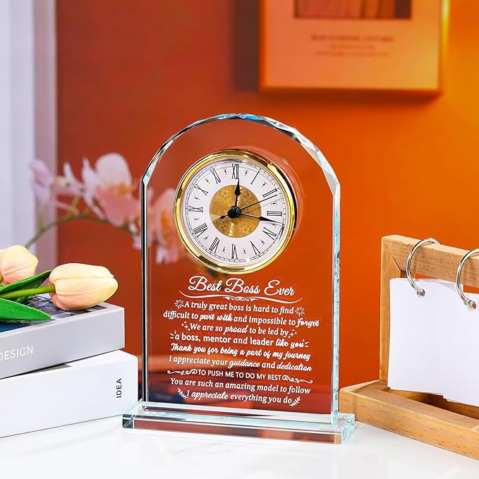 Glass Clock Best Boss Ever Gifts for Women Personalized Appreciation Gift for Men, Retirement Clock Gifts for Lady Boss Going Away, Boss's Day Gift Idea for Office Home Decoration Desk Clock