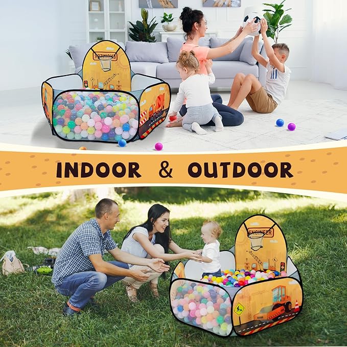 Kids Ball Pit, Pop Up Children Play Tent, Toddler Ball Pool Baby Crawl Playpen with Basketball Hoop, Portable Toys for Girls Boys, 4 ft / 120 cm, Balls Not Included, Engineering Car