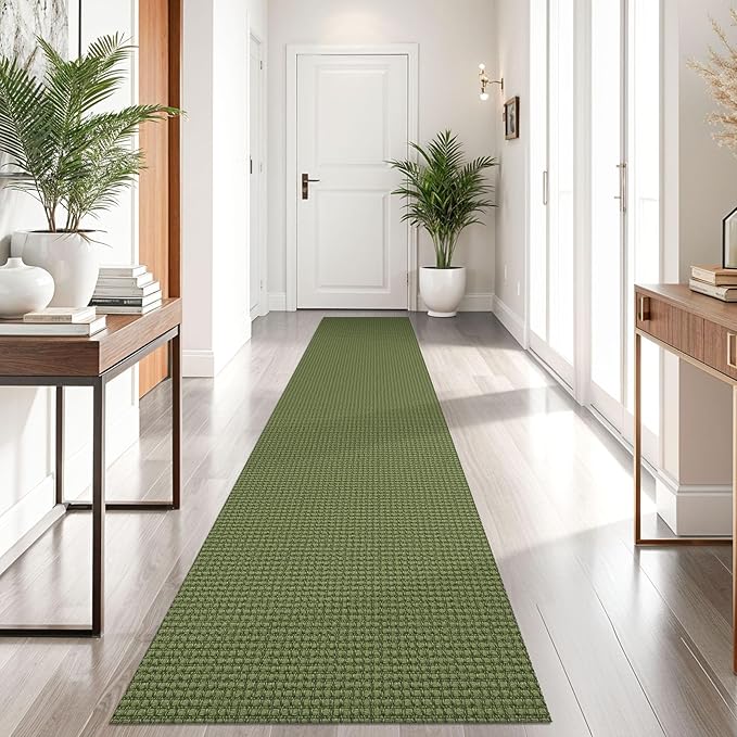 KOZYFLY Runners for Hallways 2x10 ft Washable Kitchen Runner Non Slip Rubber Backed Hallway Rugs Cotton Entryway Runner Rug Floor Carpet for Indoor Hall, Backdoor, Kitchen, Olive Green/Earthy Green