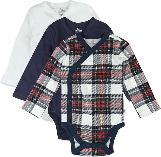 HonestBaby unisex-baby 3-pack Long Sleeve Side-snap Kimono Bodysuits Organic Cotton for Infant Baby Boys, Girls, Unisex