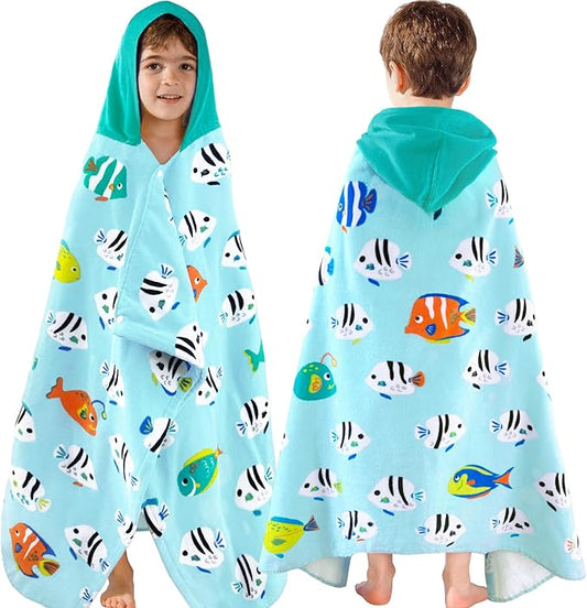 VOOVA & MOVAS Kids Beach Towels with Hood,(3-10 Years, 30''X50),Absorbent 100% Cotton Towel Wrap for Boys, Perfect for Toddler Beach, Pool, Bath, Swimming, Fish