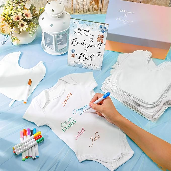 Roowest 35 Pcs Baby Shower Bibs Games Design Wooden Baby Shower Party Game Sign DIY Bodysuit Sign 15 White Blank Feeder Bibs 9 Newborn Bodysuit 10 Markers for Boys Girls(Bear)