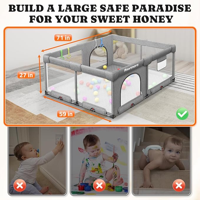 Foldable Baby Playpen: 71" L x 59" W x 27" H, Large Kids Play Yard with Mat for Indoor and Outdoor, Portable Baby Gate with 50PCS Ocean Ball, 4 Handles