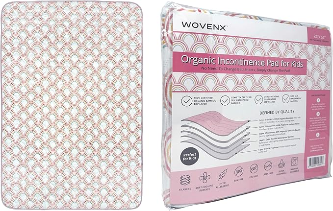 Organic Incontinence Pads for Kids & Toddlers - 5 Layer Waterproof Protectors for Overnight Bed Wetting - Reusable & Washable Pee Pads - Fits Twin to Full Size Beds - 34" x 52" Rainbow