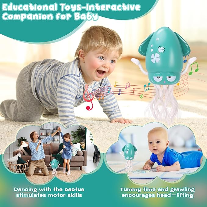 Dancing Octopus Baby Toy, Tummy Time Toys, with Music and Led Light, Automatically Avoids Obstacles, Crawling Toy Suitable for Birthday Gifts for Toddlers Over One Month Old(Green)