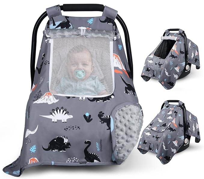 Car Seat Cover Baby, Carseat Covers Baby with 2 Layers Breathable Zipper Windows, Windproof Infant Car Seat Cover, Kick-Proof Baby Carrier Cover for Baby Boy Newborn Essentials