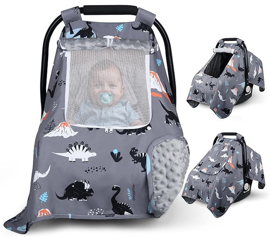 Car Seat Cover Baby, Carseat Covers Baby with 2 Layers Breathable Zipper Windows, Windproof Infant Car Seat Cover, Kick-Proof Baby Carrier Cover for Baby Boy Newborn Essentials