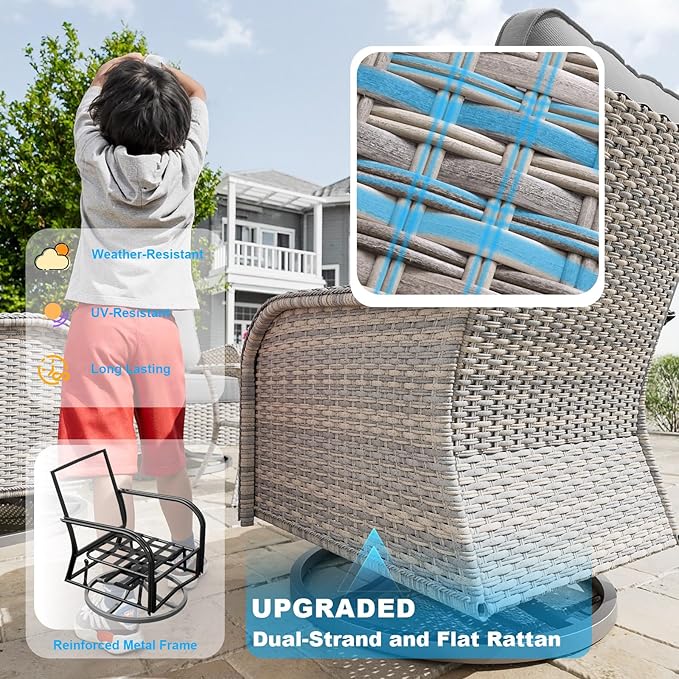 3-Piece Small Patio Furniture Set, Outdoor Swivel Rocking Chairs Set with Wicker Chairs and Tempered Glass Side Table, Outdoor Furniture Patio Bistro Set for Balcony, Deck, Porch