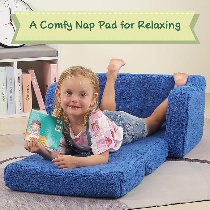 Kids Chairs for Toddler, 2-in-1 Toddler Soft Sherpa Couch Fold Out, Convertible Sofa to Lounger for Girls and Boys, Sky Blue